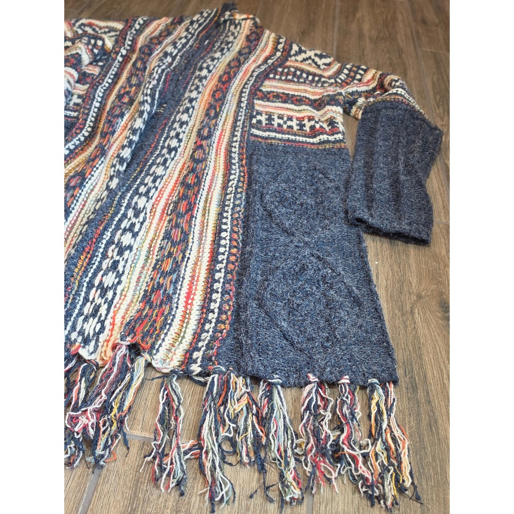 Adora Womens Open Front Cardigan Sweater Navy Fair Isle Fringe Boho M/L CESW2173